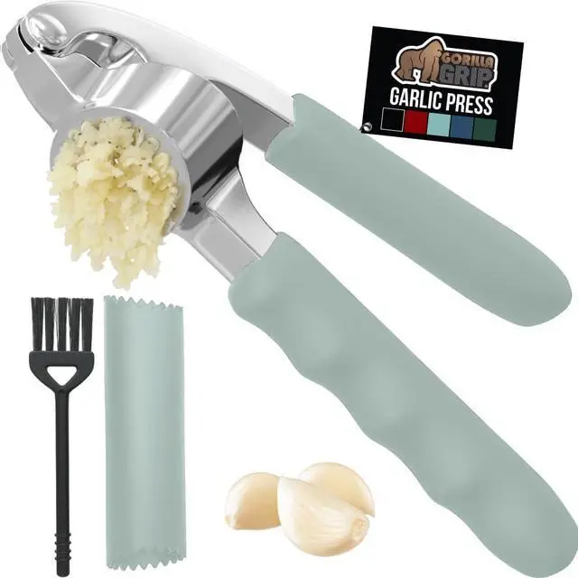 Main image of Garlic Press and Peel Set, Heavy Duty Mincer Tool, Large Ergonomic Handle, Easily Mince and Crush Garlics, Ginger, Nuts, Seeds, Peeler Included, Peeling Cloves, Kitchen Gadgets, Mint