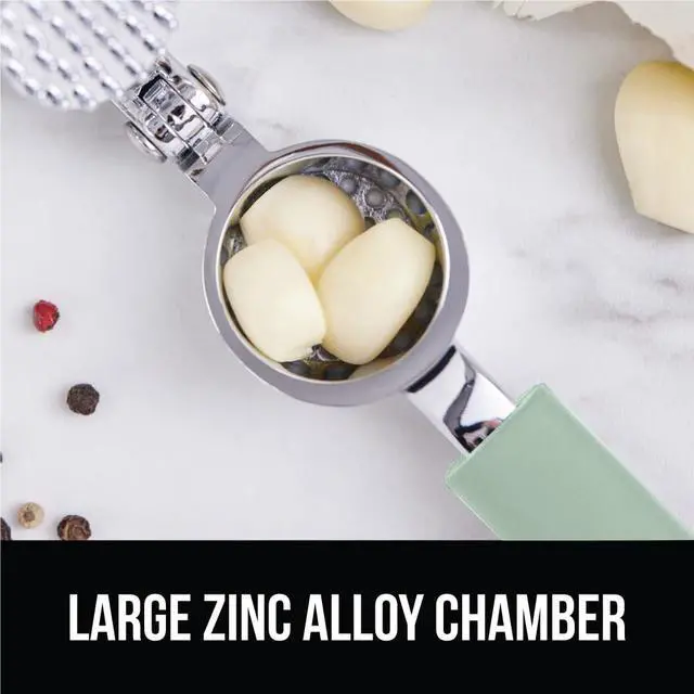 Alt view image 4 of 7 - Garlic Press and Peel Set, Heavy Duty Mincer Tool, Large Ergonomic Handle, Easily Mince and Crush Garlics, Ginger, Nuts, Seeds, Peeler Included, Peeling Cloves, Kitchen Gadgets, Mint