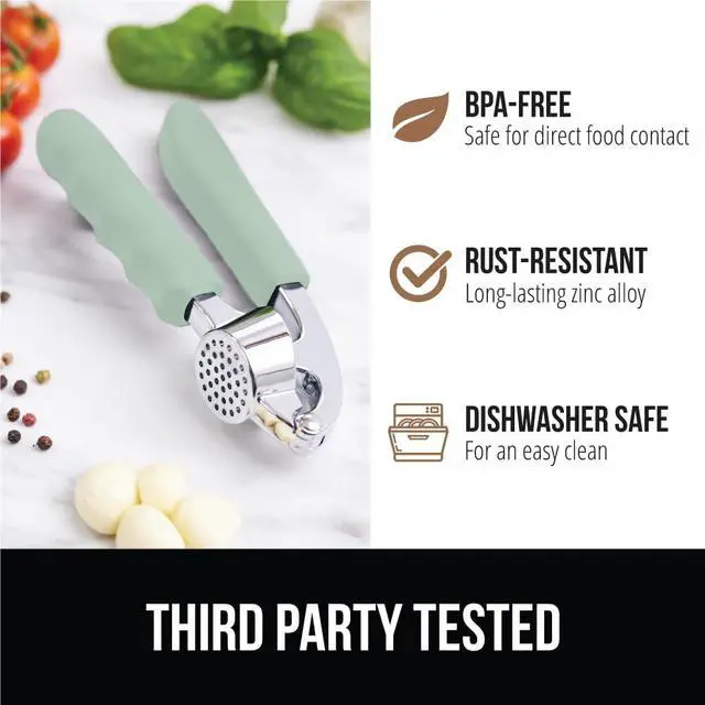 Alt view image 5 of 7 - Garlic Press and Peel Set, Heavy Duty Mincer Tool, Large Ergonomic Handle, Easily Mince and Crush Garlics, Ginger, Nuts, Seeds, Peeler Included, Peeling Cloves, Kitchen Gadgets, Mint