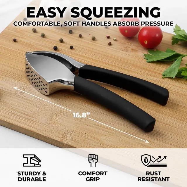 Alt view image 2 of 7 - Comfort Grip Garlic Press - Garlic Mincer Tool - Garlic Crusher - Garlic Press Mincer Rust Proof, with Soft Ergonomic Handle, Easy Clean Set with Peeler and Brush