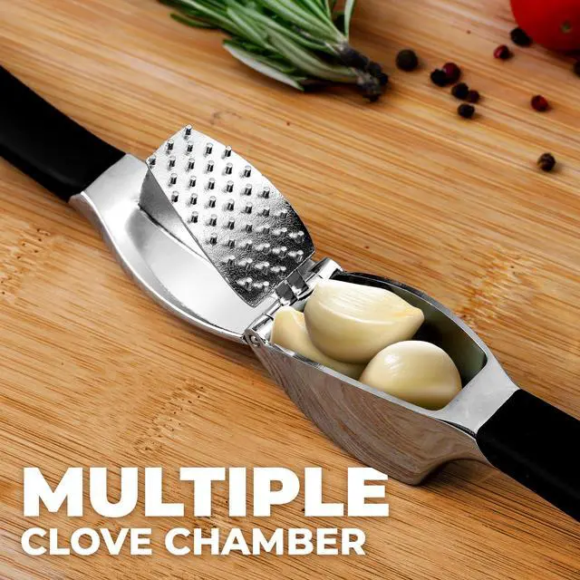 Alt view image 4 of 7 - Comfort Grip Garlic Press - Garlic Mincer Tool - Garlic Crusher - Garlic Press Mincer Rust Proof, with Soft Ergonomic Handle, Easy Clean Set with Peeler and Brush