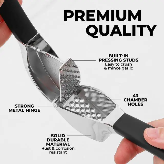 Alt view image 3 of 7 - Comfort Grip Garlic Press - Garlic Mincer Tool - Garlic Crusher - Garlic Press Mincer Rust Proof, with Soft Ergonomic Handle, Easy Clean Set with Peeler and Brush