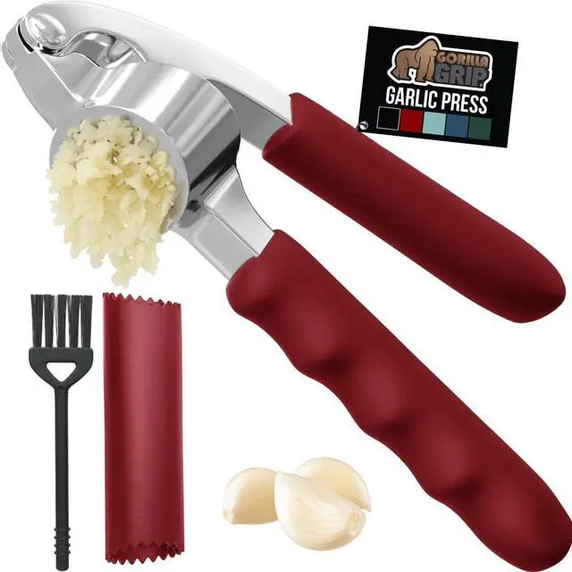 Main image of Garlic Press and Peel Set, Heavy Duty Mincer Tool, Large Ergonomic Handle, Easily Mince and Crush Garlics, Ginger, Nuts, Seeds, Peeler Included, Peeling Cloves, Kitchen Gadgets, Red