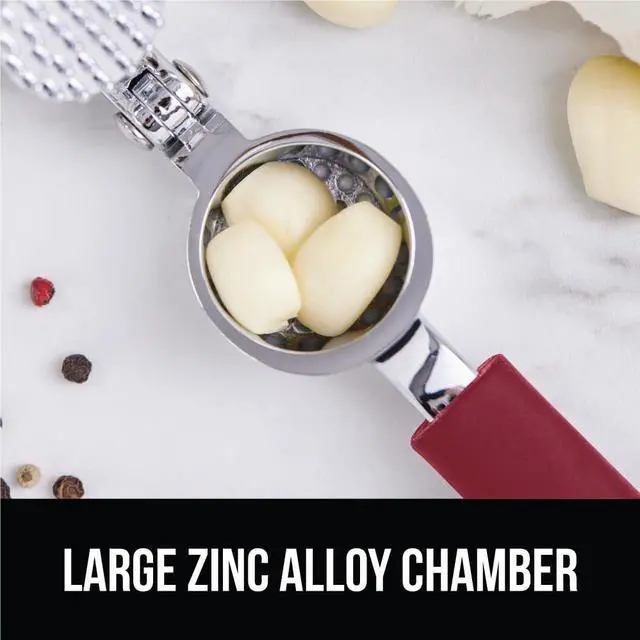 Alt view image 4 of 7 - Garlic Press and Peel Set, Heavy Duty Mincer Tool, Large Ergonomic Handle, Easily Mince and Crush Garlics, Ginger, Nuts, Seeds, Peeler Included, Peeling Cloves, Kitchen Gadgets, Red