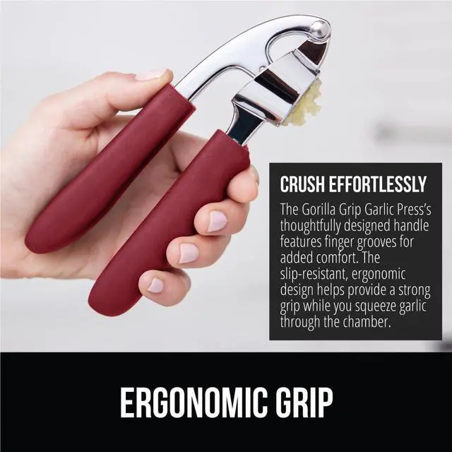 Alt view image 3 of 7 - Garlic Press and Peel Set, Heavy Duty Mincer Tool, Large Ergonomic Handle, Easily Mince and Crush Garlics, Ginger, Nuts, Seeds, Peeler Included, Peeling Cloves, Kitchen Gadgets, Red