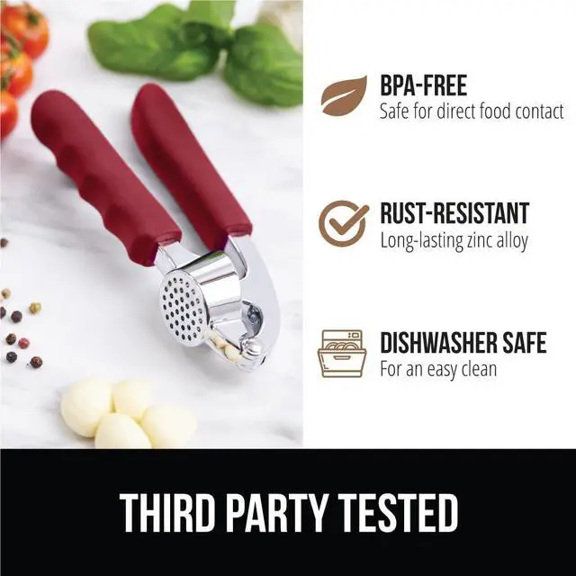 Alt view image 5 of 7 - Garlic Press and Peel Set, Heavy Duty Mincer Tool, Large Ergonomic Handle, Easily Mince and Crush Garlics, Ginger, Nuts, Seeds, Peeler Included, Peeling Cloves, Kitchen Gadgets, Red