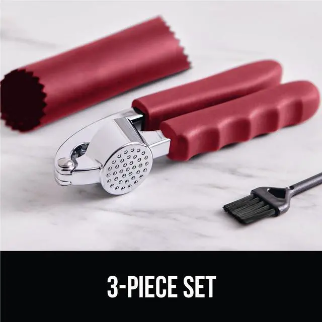 Alt view image 6 of 7 - Garlic Press and Peel Set, Heavy Duty Mincer Tool, Large Ergonomic Handle, Easily Mince and Crush Garlics, Ginger, Nuts, Seeds, Peeler Included, Peeling Cloves, Kitchen Gadgets, Red
