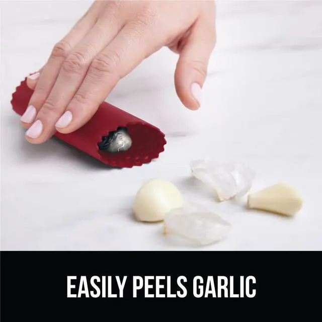 Alt view image 7 of 7 - Garlic Press and Peel Set, Heavy Duty Mincer Tool, Large Ergonomic Handle, Easily Mince and Crush Garlics, Ginger, Nuts, Seeds, Peeler Included, Peeling Cloves, Kitchen Gadgets, Red