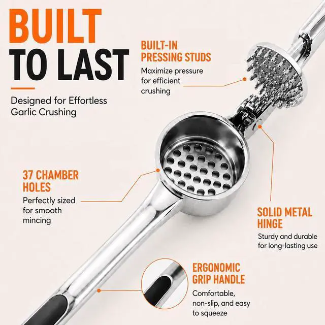 Alt view image 6 of 7 - Garlic Press Set, Premium Rust Proof Garlic Mincer Tool with Ergonomic Handle, Easy Squeeze & Easy Clean Garlic Crusher, Dishwasher Safe with Silicone Peeler and Brush - Silver