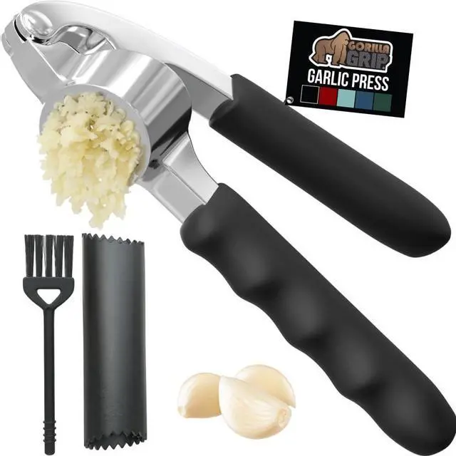 Main image of Garlic Press and Peel Set, Heavy Duty Mincer Tool, Large Ergonomic Handle, Easily Mince and Crush Garlics, Ginger, Nuts, Seeds, Peeler Included, Peeling Cloves, Kitchen Gadgets, Black