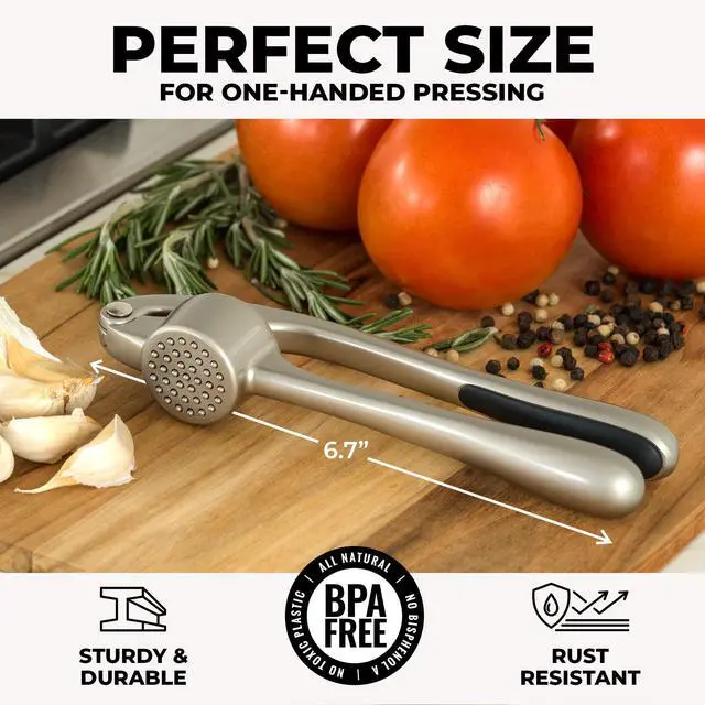 Alt view image 2 of 7 - Premium Garlic Press Set - Rust Proof Professional Garlic Mincer Tool - Easy-Squeeze, Easy-Clean with Soft, Ergonomic Handle - Silicone Garlic Peeler & Brush (Silver)