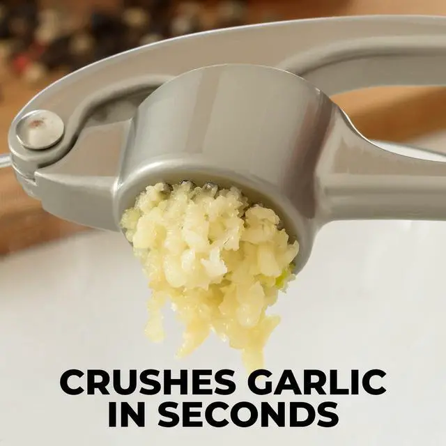 Alt view image 6 of 7 - Premium Garlic Press Set - Rust Proof Professional Garlic Mincer Tool - Easy-Squeeze, Easy-Clean with Soft, Ergonomic Handle - Silicone Garlic Peeler & Brush (Silver)