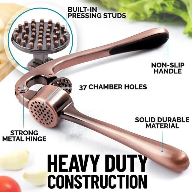 Alt view image 2 of 7 - Premium Garlic Press Set - Rust Proof Professional Garlic Mincer Tool - Easy-Squeeze, Easy-Clean with Soft, Ergonomic Handle - Silicone Garlic Peeler & Brush (Copper)