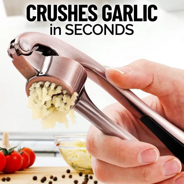 Alt view image 3 of 7 - Premium Garlic Press Set - Rust Proof Professional Garlic Mincer Tool - Easy-Squeeze, Easy-Clean with Soft, Ergonomic Handle - Silicone Garlic Peeler & Brush (Copper)