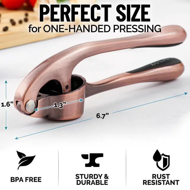 Alt view image 4 of 7 - Premium Garlic Press Set - Rust Proof Professional Garlic Mincer Tool - Easy-Squeeze, Easy-Clean with Soft, Ergonomic Handle - Silicone Garlic Peeler & Brush (Copper)