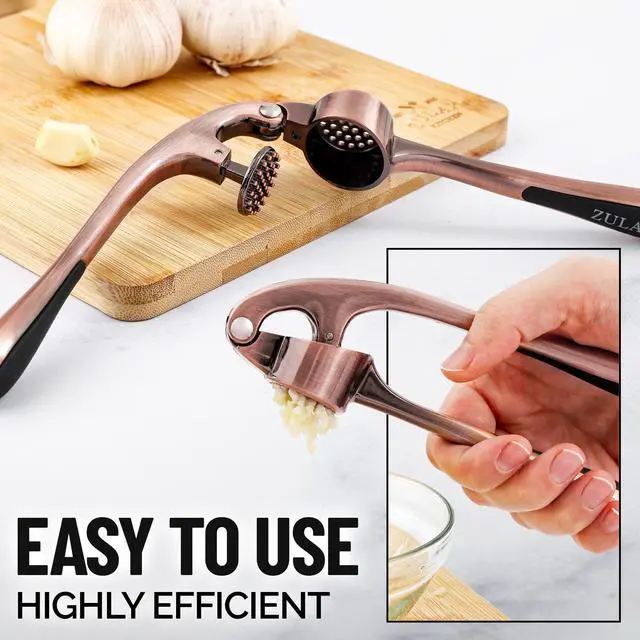 Alt view image 5 of 7 - Premium Garlic Press Set - Rust Proof Professional Garlic Mincer Tool - Easy-Squeeze, Easy-Clean with Soft, Ergonomic Handle - Silicone Garlic Peeler & Brush (Copper)