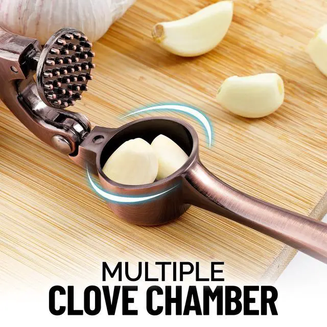 Alt view image 7 of 7 - Premium Garlic Press Set - Rust Proof Professional Garlic Mincer Tool - Easy-Squeeze, Easy-Clean with Soft, Ergonomic Handle - Silicone Garlic Peeler & Brush (Copper)