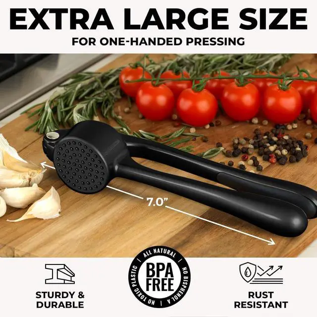 Alt view image 2 of 7 - Large Premium Garlic Press Set - Bigger Bowl for Bigger Garlic - Rust Proof Garlic Mincer Tool - Easy-Squeeze, Easy-Clean Silicone Garlic Peeler & Brush (Black)