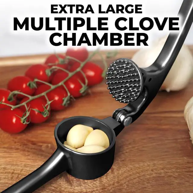 Alt view image 3 of 7 - Large Premium Garlic Press Set - Bigger Bowl for Bigger Garlic - Rust Proof Garlic Mincer Tool - Easy-Squeeze, Easy-Clean Silicone Garlic Peeler & Brush (Black)
