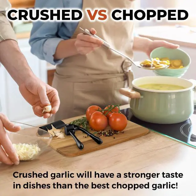 Alt view image 4 of 7 - Large Premium Garlic Press Set - Bigger Bowl for Bigger Garlic - Rust Proof Garlic Mincer Tool - Easy-Squeeze, Easy-Clean Silicone Garlic Peeler & Brush (Black)