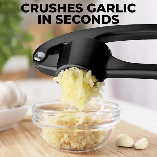 Alt view image 5 of 7 - Large Premium Garlic Press Set - Bigger Bowl for Bigger Garlic - Rust Proof Garlic Mincer Tool - Easy-Squeeze, Easy-Clean Silicone Garlic Peeler & Brush (Black)