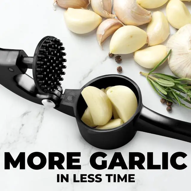 Alt view image 6 of 7 - Large Premium Garlic Press Set - Bigger Bowl for Bigger Garlic - Rust Proof Garlic Mincer Tool - Easy-Squeeze, Easy-Clean Silicone Garlic Peeler & Brush (Black)