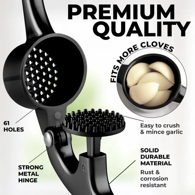 Alt view image 7 of 7 - Large Premium Garlic Press Set - Bigger Bowl for Bigger Garlic - Rust Proof Garlic Mincer Tool - Easy-Squeeze, Easy-Clean Silicone Garlic Peeler & Brush (Black)