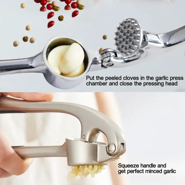 Alt view image 3 of 7 - Garlic Press Stainless Steel, 2 in 1 Garlic Mincer & Herb Scissors, Dishwasher Safe Garlic Crusher, Rust Proof Garlic Smasher and Mincer Tool with Peeler and Brush for Kitchen