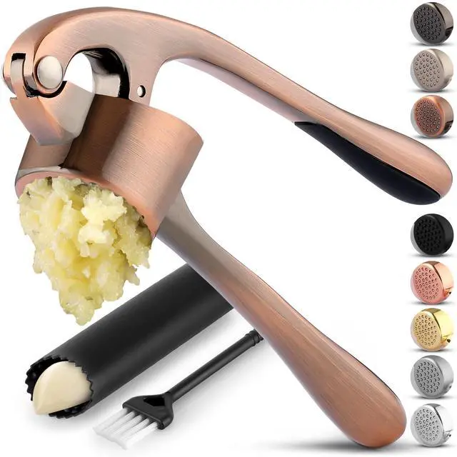 Main image of Large Premium Garlic Press Set - Bigger Bowl for Bigger Garlic - Rust Proof Garlic Mincer Tool - Easy-Squeeze, Easy-Clean Silicone Garlic Peeler & Brush (Copper)