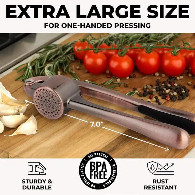 Alt view image 2 of 7 - Large Premium Garlic Press Set - Bigger Bowl for Bigger Garlic - Rust Proof Garlic Mincer Tool - Easy-Squeeze, Easy-Clean Silicone Garlic Peeler & Brush (Copper)