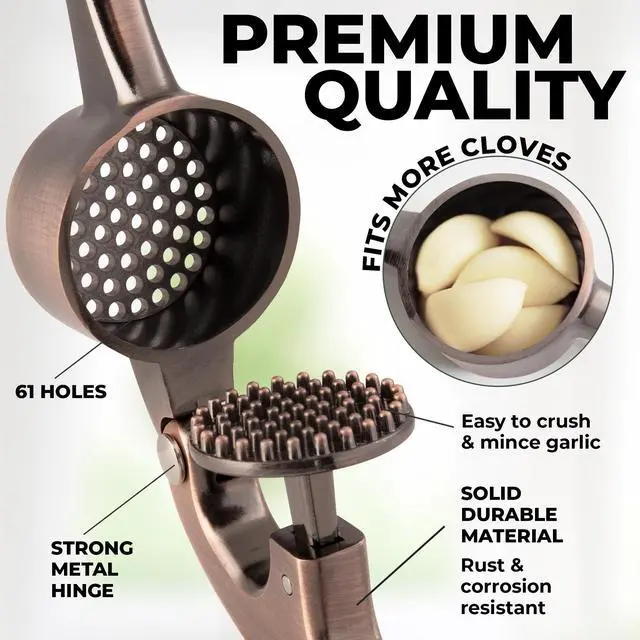 Alt view image 3 of 7 - Large Premium Garlic Press Set - Bigger Bowl for Bigger Garlic - Rust Proof Garlic Mincer Tool - Easy-Squeeze, Easy-Clean Silicone Garlic Peeler & Brush (Copper)
