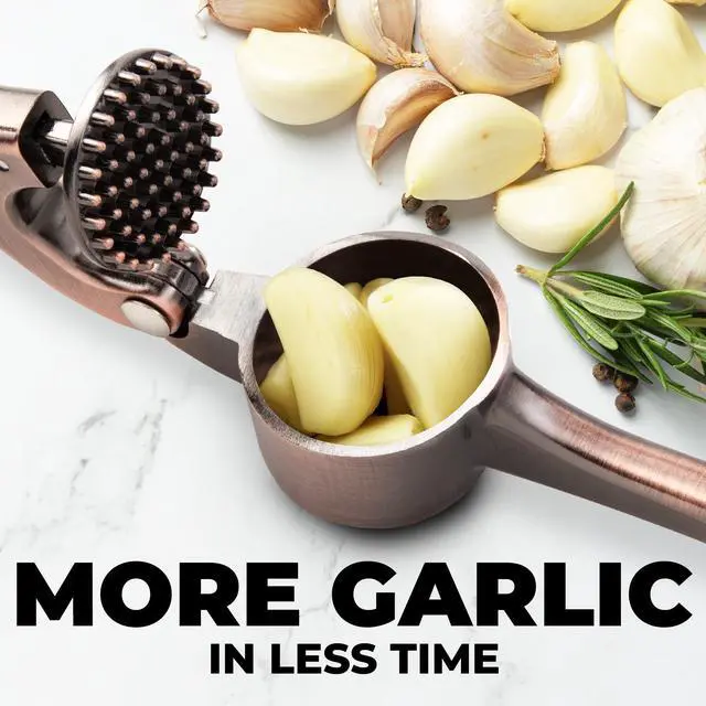 Alt view image 4 of 7 - Large Premium Garlic Press Set - Bigger Bowl for Bigger Garlic - Rust Proof Garlic Mincer Tool - Easy-Squeeze, Easy-Clean Silicone Garlic Peeler & Brush (Copper)