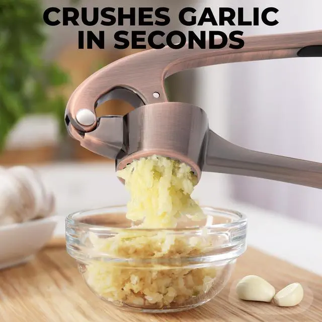 Alt view image 5 of 7 - Large Premium Garlic Press Set - Bigger Bowl for Bigger Garlic - Rust Proof Garlic Mincer Tool - Easy-Squeeze, Easy-Clean Silicone Garlic Peeler & Brush (Copper)