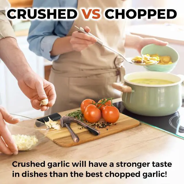 Alt view image 6 of 7 - Large Premium Garlic Press Set - Bigger Bowl for Bigger Garlic - Rust Proof Garlic Mincer Tool - Easy-Squeeze, Easy-Clean Silicone Garlic Peeler & Brush (Copper)