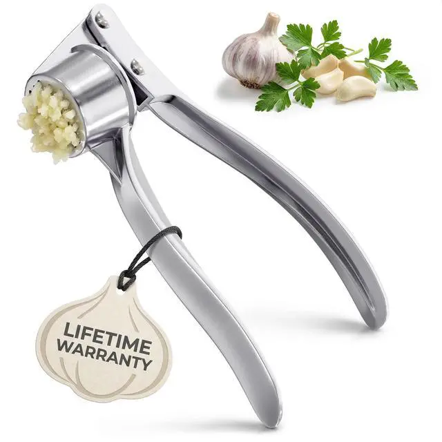 Main image of Metal Garlic Press - Ginger Mincer with 37 Built-In Studs for Maximum Extraction, Garlic Crusher for Ginger and Soft Nuts, Rust-Resistant, Ergonomic Handle, No Peel Needed, Hand Wash Only, Silver