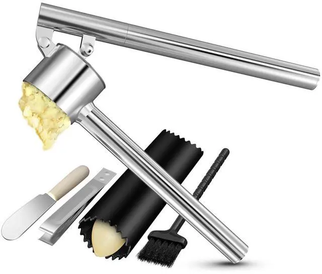 Main image of 5-in-1 Stainless Steel Garlic Press Set with Jumbo Chamber & Mincer - Heavy Duty Rustproof Garlic Crusher with Ergonomic Handle, Dishwasher Safe, Easy Squeeze Design for Ginger, Nuts, Herbs