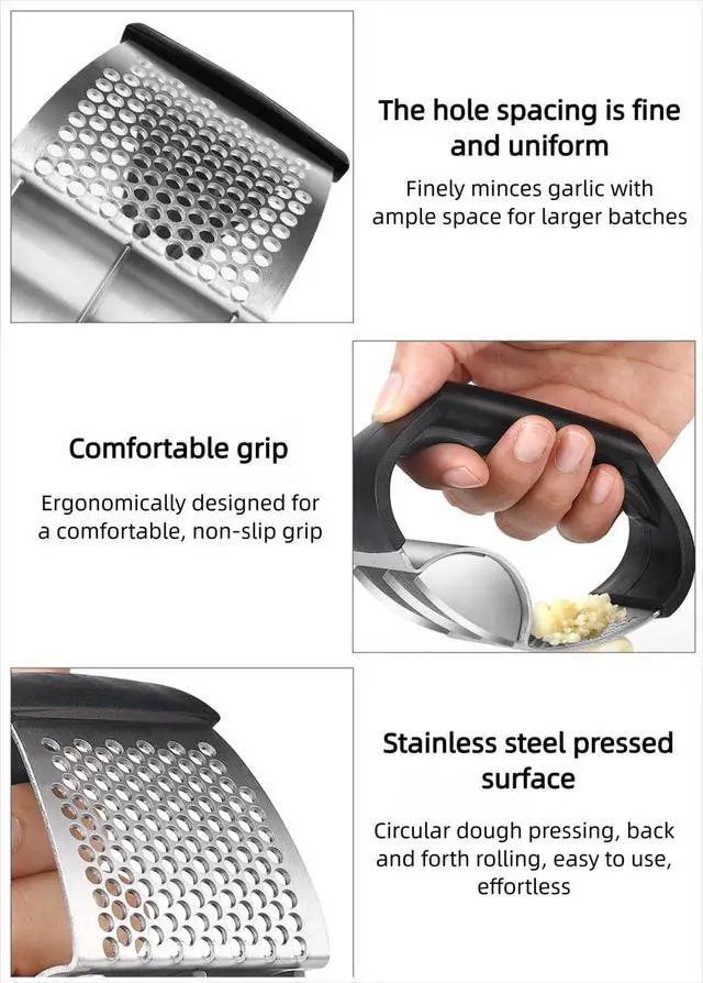 Alt view image 4 of 7 - 2-in-1 Garlic Press Rocker Stainless Steel with Slicer Blade, Garlic Roller,Garlic Rocker Press for Ginger & Chili, Ergonomic Non-Slip Handle, Dishwasher Safe Garlic Crusher
