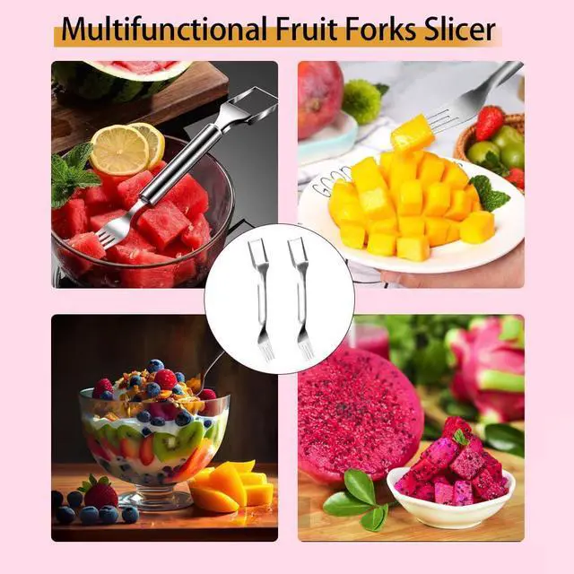 Alt view image 5 of 7 - Watermelon Fork Slicer Cutter, Stainless Steel 2-in-1, Portable Watermelon Fork Watermelon Cutter Slicer Tool Fruit Forks Slicer for Home Party Camping Kitchen Gadget