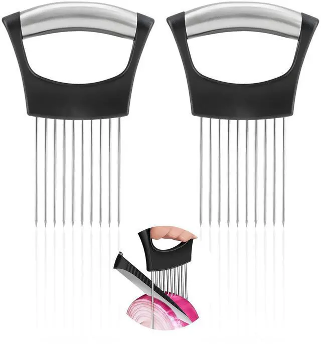 Main image of 2PCS Onion Holder for Slicing, Upgraded Stainless Steel Onion Slicer Holder with Ergonomic Handle, Tomato Cutter, Vegetable Slicing Tool, Meat Tenderizer, Kitchen Food Cutting Gadget