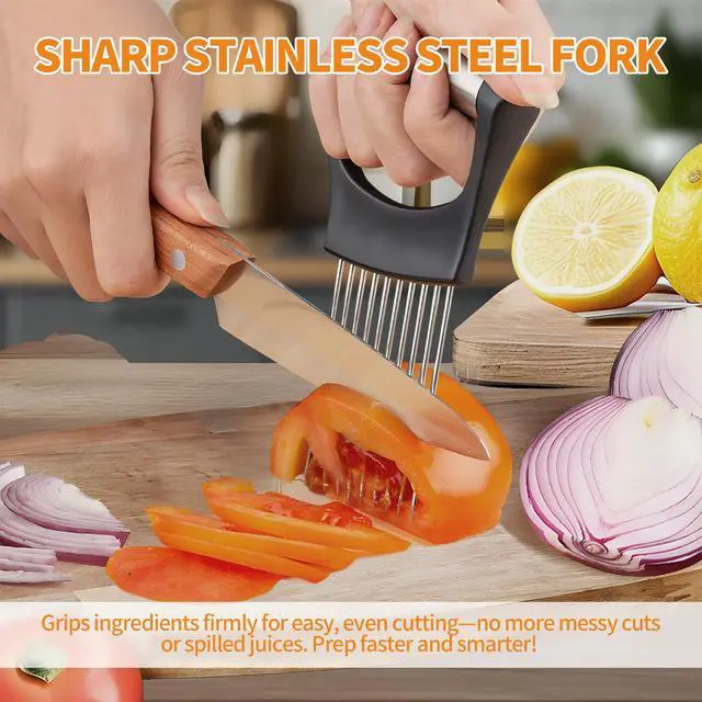 Alt view image 4 of 6 - 2PCS Onion Holder for Slicing, Upgraded Stainless Steel Onion Slicer Holder with Ergonomic Handle, Tomato Cutter, Vegetable Slicing Tool, Meat Tenderizer, Kitchen Food Cutting Gadget
