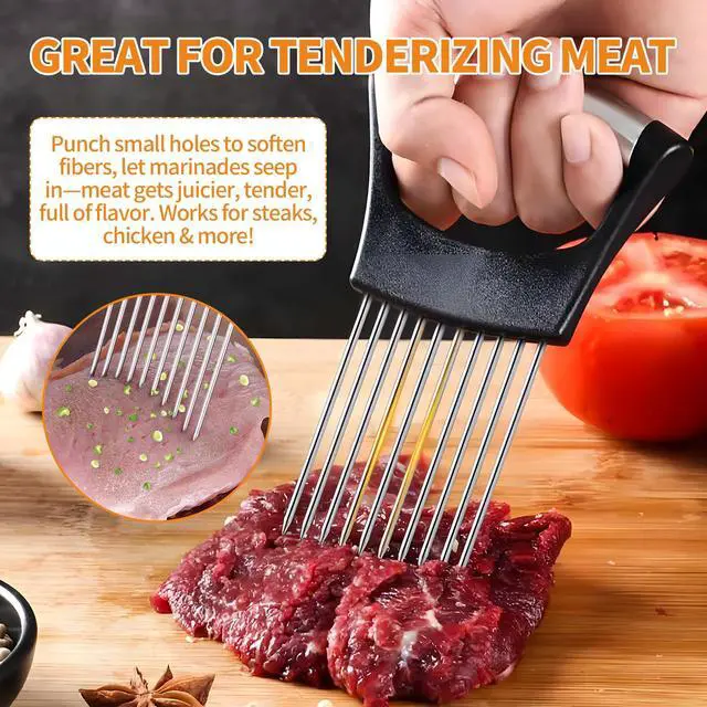 Alt view image 5 of 6 - 2PCS Onion Holder for Slicing, Upgraded Stainless Steel Onion Slicer Holder with Ergonomic Handle, Tomato Cutter, Vegetable Slicing Tool, Meat Tenderizer, Kitchen Food Cutting Gadget