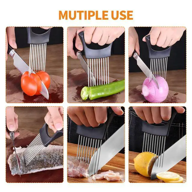 Alt view image 6 of 6 - 2PCS Onion Holder for Slicing, Upgraded Stainless Steel Onion Slicer Holder with Ergonomic Handle, Tomato Cutter, Vegetable Slicing Tool, Meat Tenderizer, Kitchen Food Cutting Gadget