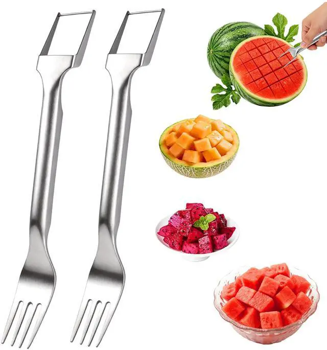 Main image of 2-in-1 Dual Head Watermelon Slicer Fork, 304 Stainless Steel Fruit Cube Cutter Tool, 2 Pack