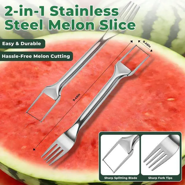 Alt view image 2 of 6 - 2-in-1 Dual Head Watermelon Slicer Fork, 304 Stainless Steel Fruit Cube Cutter Tool, 2 Pack