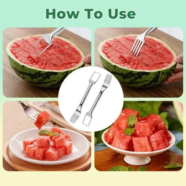 Alt view image 3 of 6 - 2-in-1 Dual Head Watermelon Slicer Fork, 304 Stainless Steel Fruit Cube Cutter Tool, 2 Pack