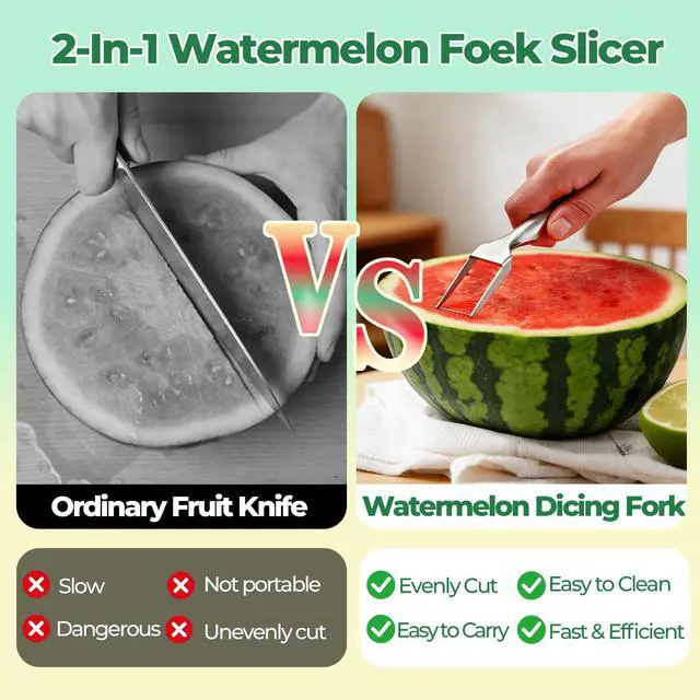 Alt view image 4 of 6 - 2-in-1 Dual Head Watermelon Slicer Fork, 304 Stainless Steel Fruit Cube Cutter Tool, 2 Pack