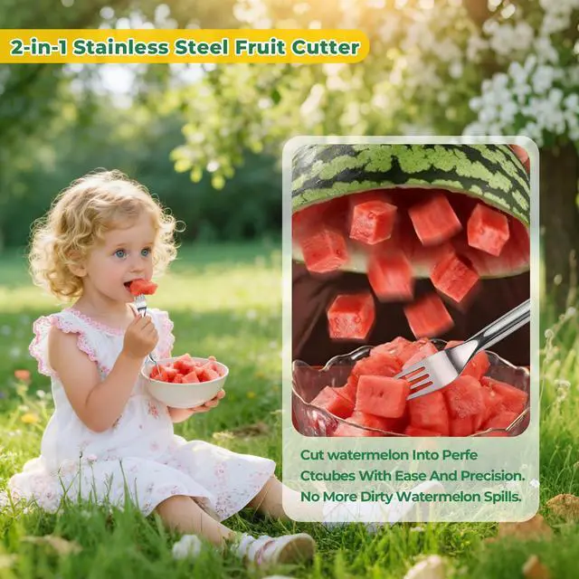 Alt view image 6 of 6 - 2-in-1 Dual Head Watermelon Slicer Fork, 304 Stainless Steel Fruit Cube Cutter Tool, 2 Pack