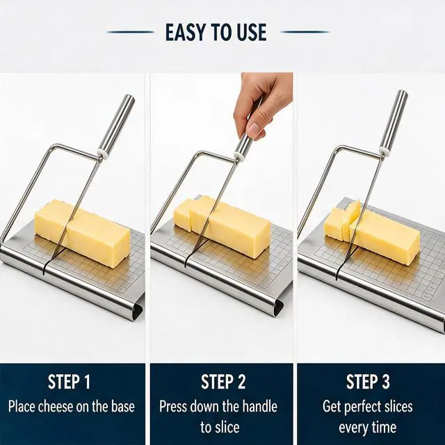 Alt view image 3 of 7 - Cheese Slicer,Stainless Steel Cheese Slicer & Wire Cutter Adjustable Thickness Board for Block Cheese, Butter, and Food Cutting, Heavy Duty