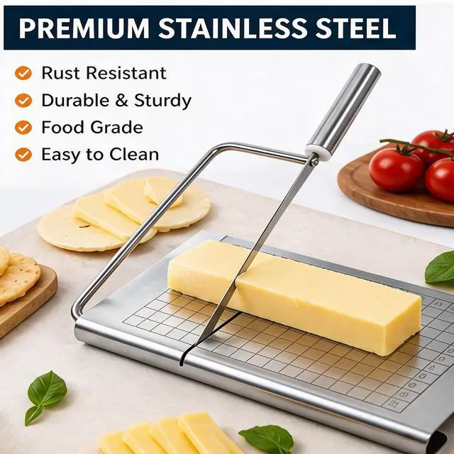 Alt view image 4 of 7 - Cheese Slicer,Stainless Steel Cheese Slicer & Wire Cutter Adjustable Thickness Board for Block Cheese, Butter, and Food Cutting, Heavy Duty