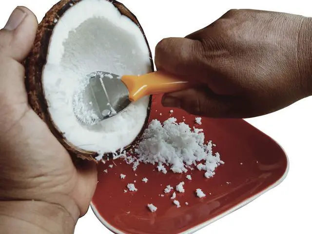 Alt view image 3 of 7 - Coconut Hand Grater Blade Slicer Shredded Scraper Coconut Meat Removal Knife Fish Skin Scale Scraper Remover Tool Vintage Yellow
